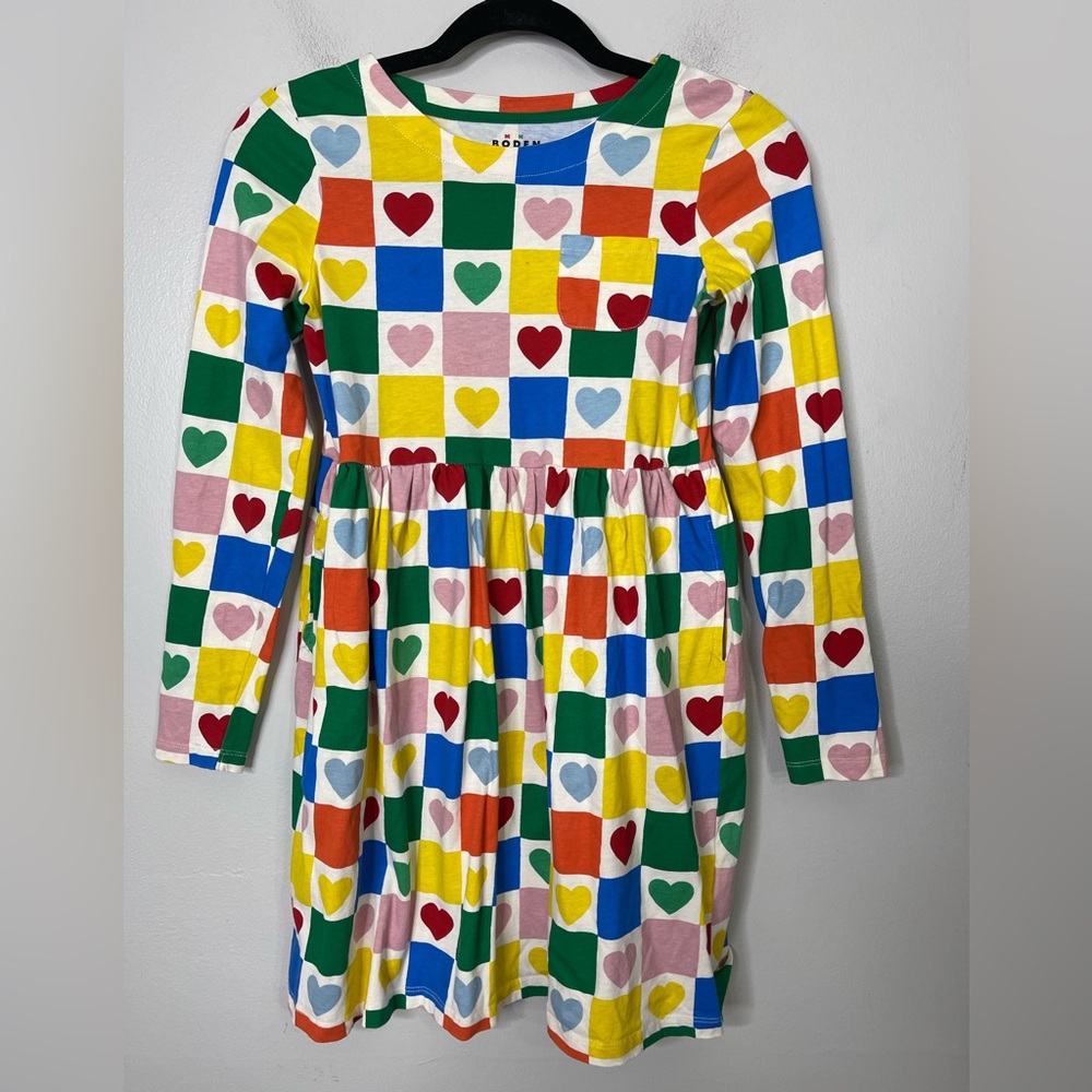 Mini Boden NWOT Kids' Fun Long Sleeve Jersey Dress Sz 11-12 Colorful Hearts - Picture 2 of 6
